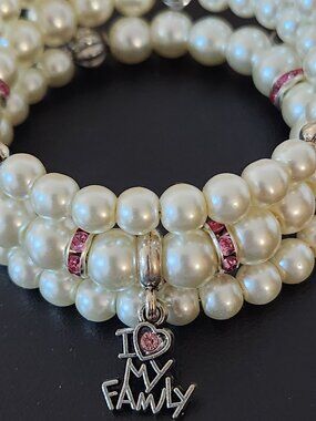 Hand Crafted White Pearl Wrap Bracelet I Love My Family Silver Accent Beads